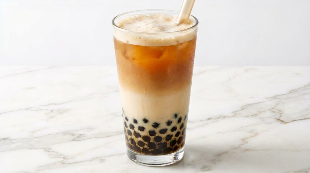 Perfectly layered bubble tea in a clear glass with milk and tapioca pearls, ready for drinking.