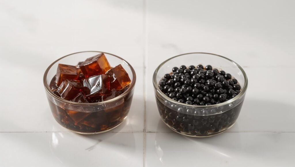 Grass jelly vs boba calories—two bowls with grass jelly cubes and tapioca pearls