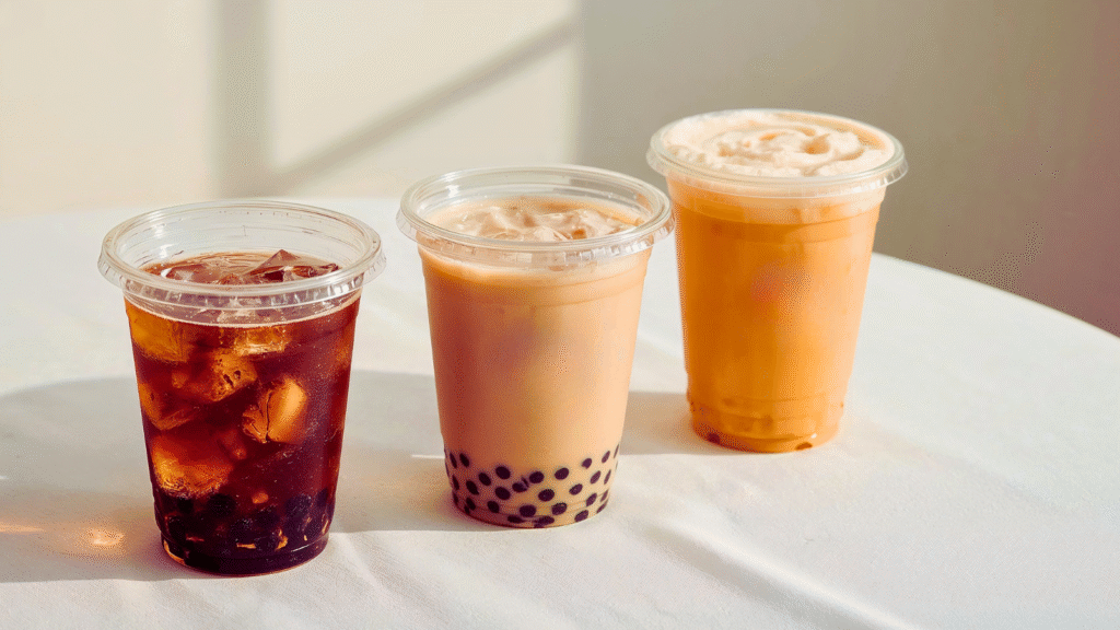“Three bubble tea cups with pearls and foam on a bright tabletop for a boba toppings calories guide.”
