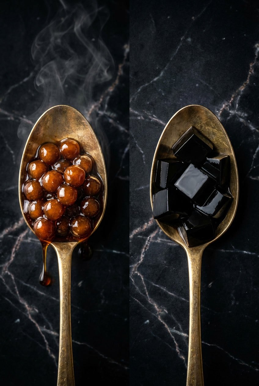 Two gold spoons side-by-side, one lifting brown sugar boba and one lifting grass jelly cubes.