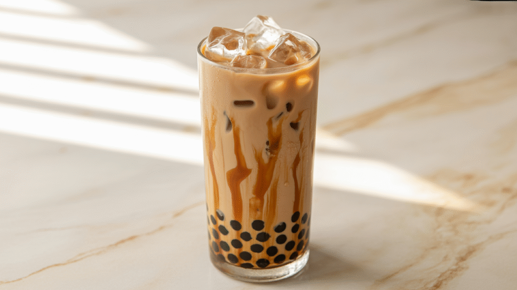 Brown sugar boba milk tea recipe photo with caramel syrup swirls and tapioca pearls.