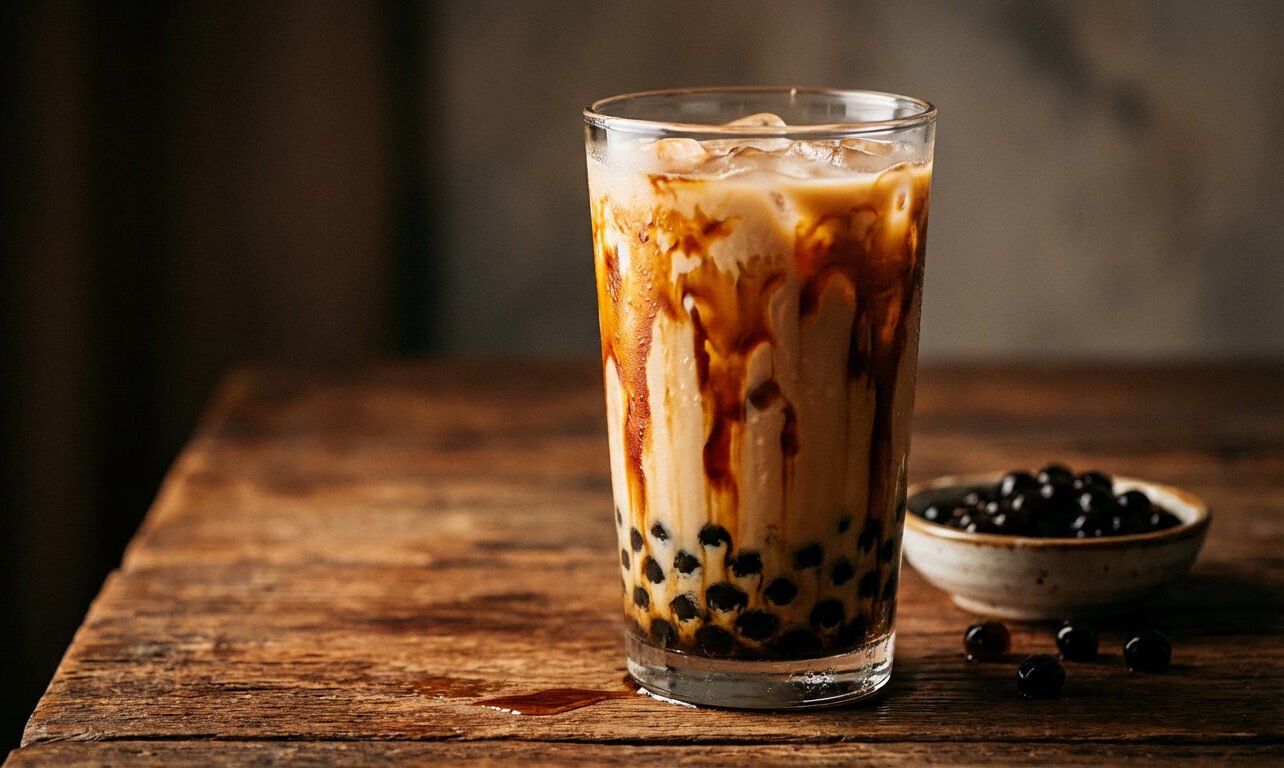 brown sugar boba milk tea recipe with caramel syrup streaks and tapioca pearls in a glass