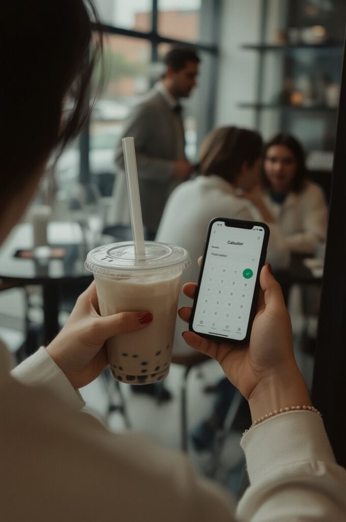 “Over-the-shoulder view of bubble tea and a phone calculator in a café.”