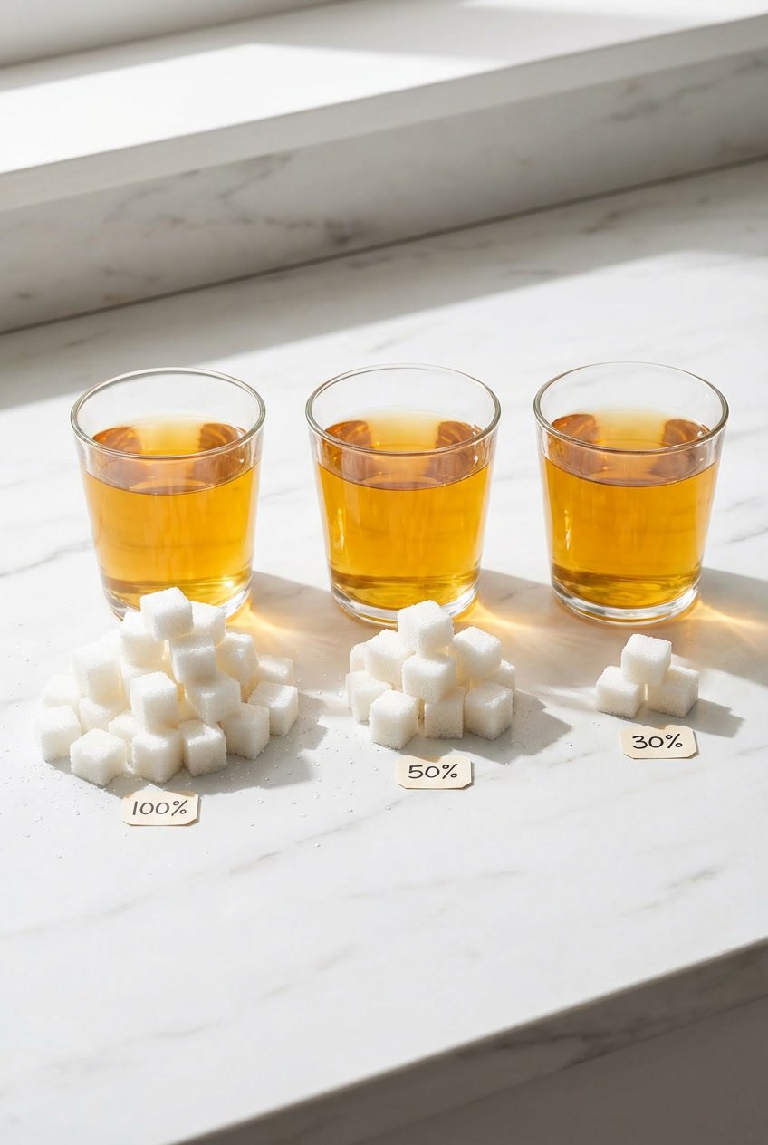 Comparison of sugar cubes next to bubble tea cups showing 100%, 50%, and 30% sweetness levels.