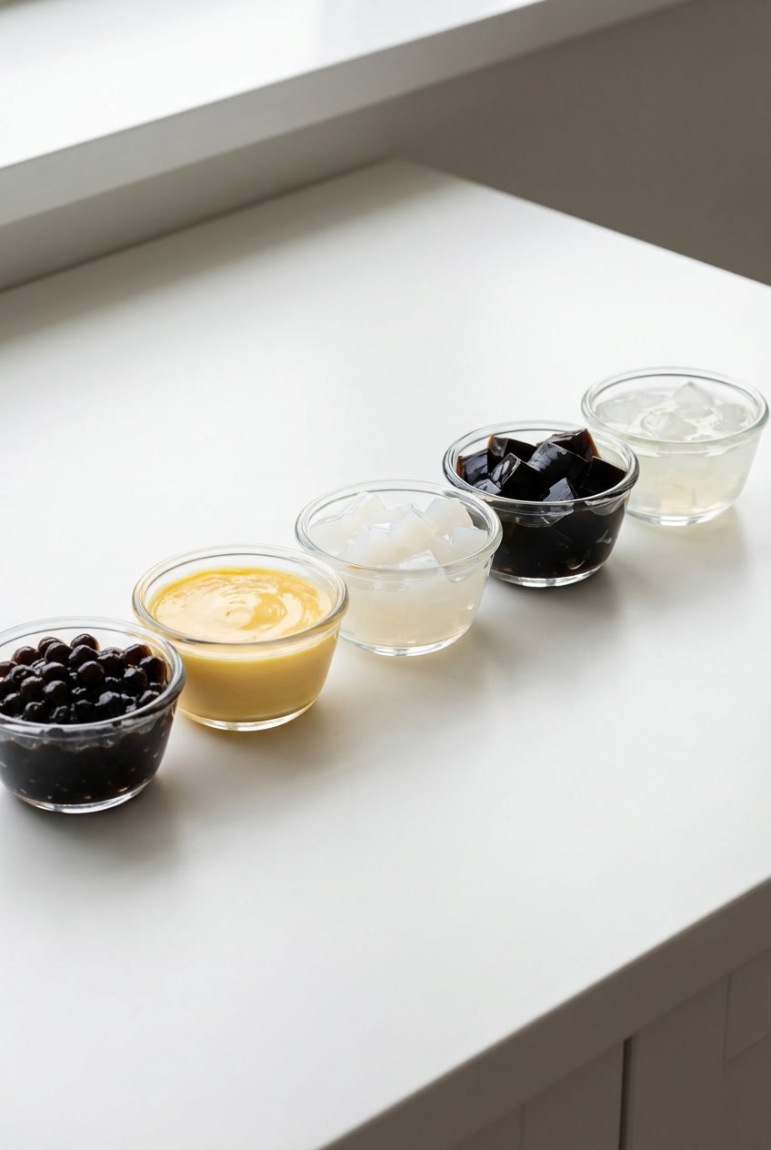 Row of five bubble tea toppings in glass bowls, arranged from heavy tapioca pearls and pudding on the left to light grass jelly and aloe on the right.