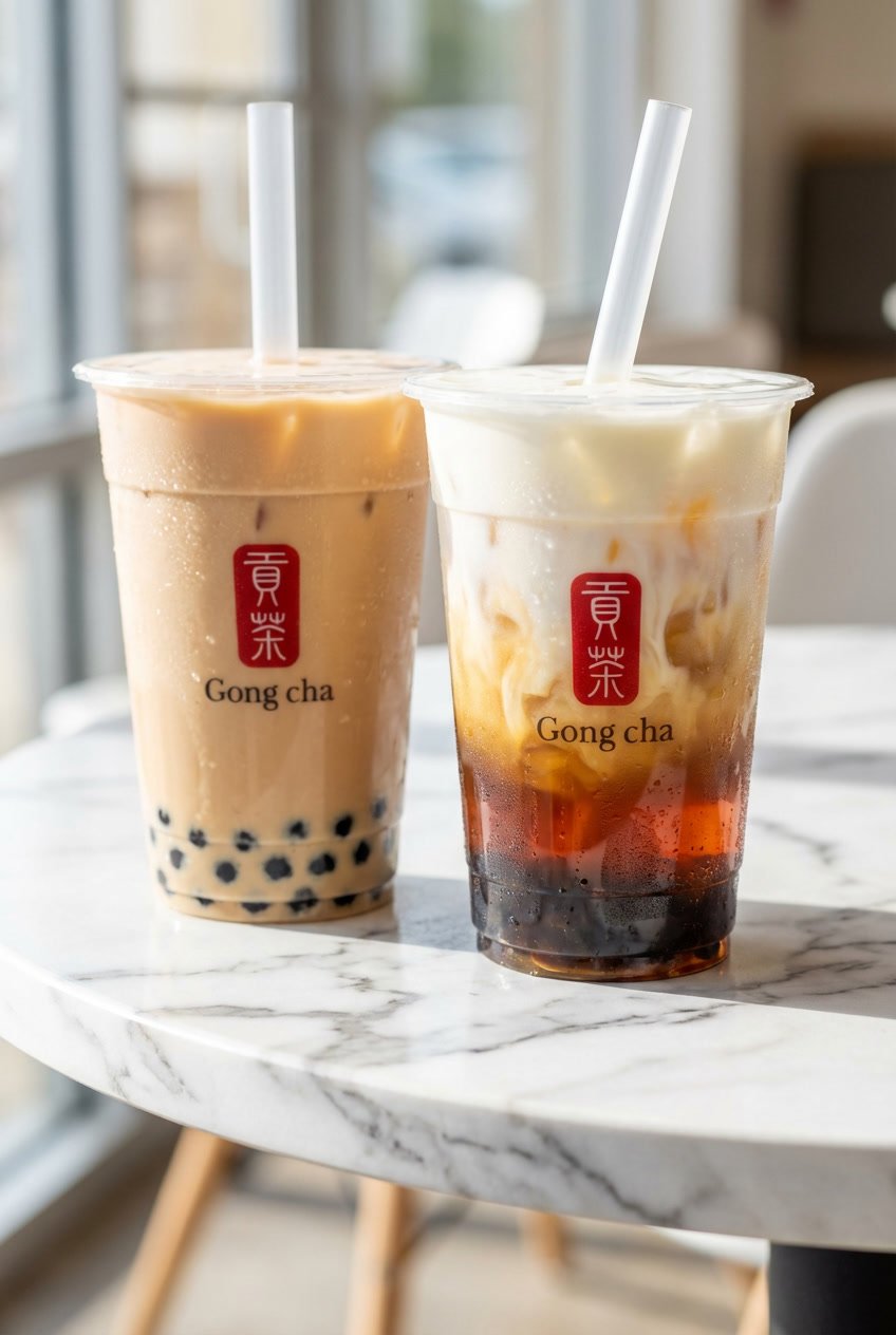 Side-by-side comparison of a standard Gong Cha Milk Tea with pearls (left) and a Fresh Milk Tea Latte with distinct layers (right) on a marble table.