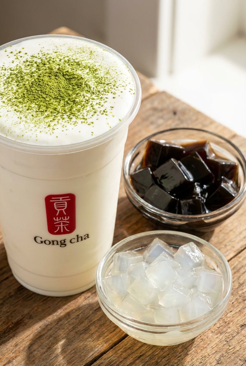Close-up view of Gong Cha milk foam topping in a cup next to bowls of low-calorie herbal jelly and aloe vera.