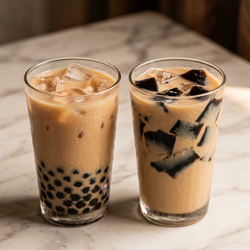 Grass jelly vs boba in two iced milk tea drinks showing tapioca pearls and grass jelly cubes