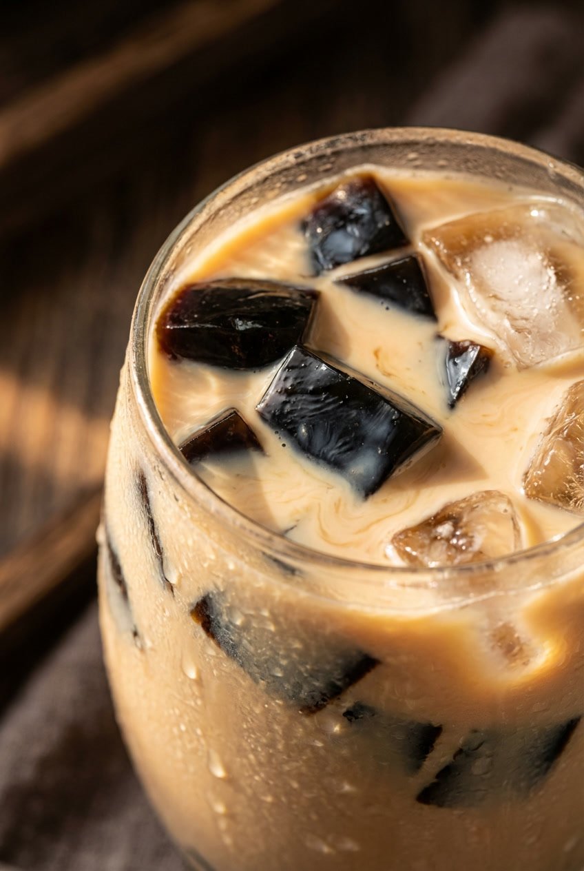 Extreme close-up of grass jelly cubes floating in milk tea with golden light.
