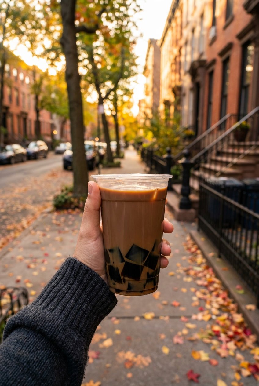 Hand holding a grass jelly milk tea walking down a blurred NYC street in autumn.