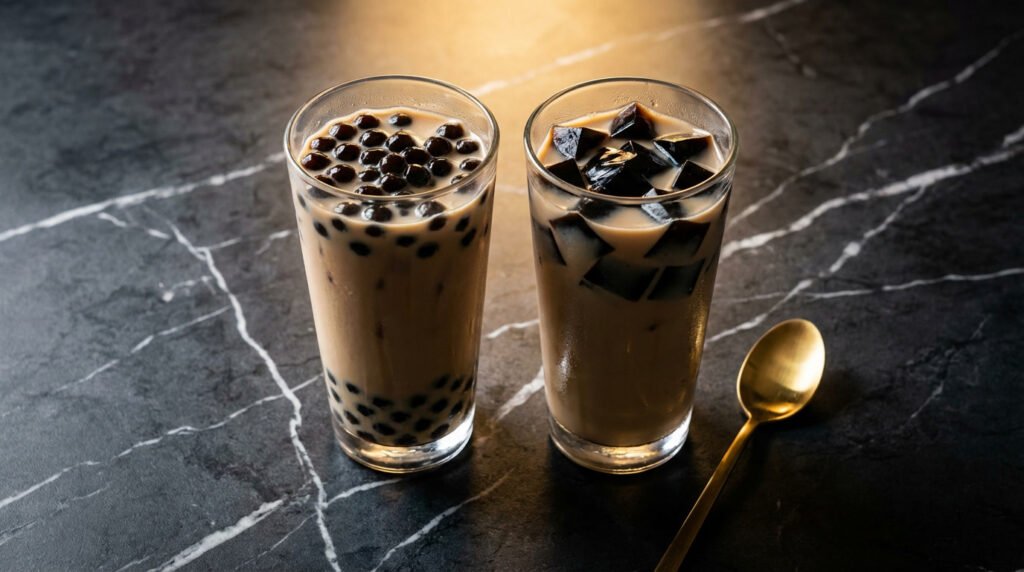 Overhead shot of two bubble tea glasses on a rustic table, one filled with round tapioca pearls and the other with cubed grass jelly, comparing the textures.