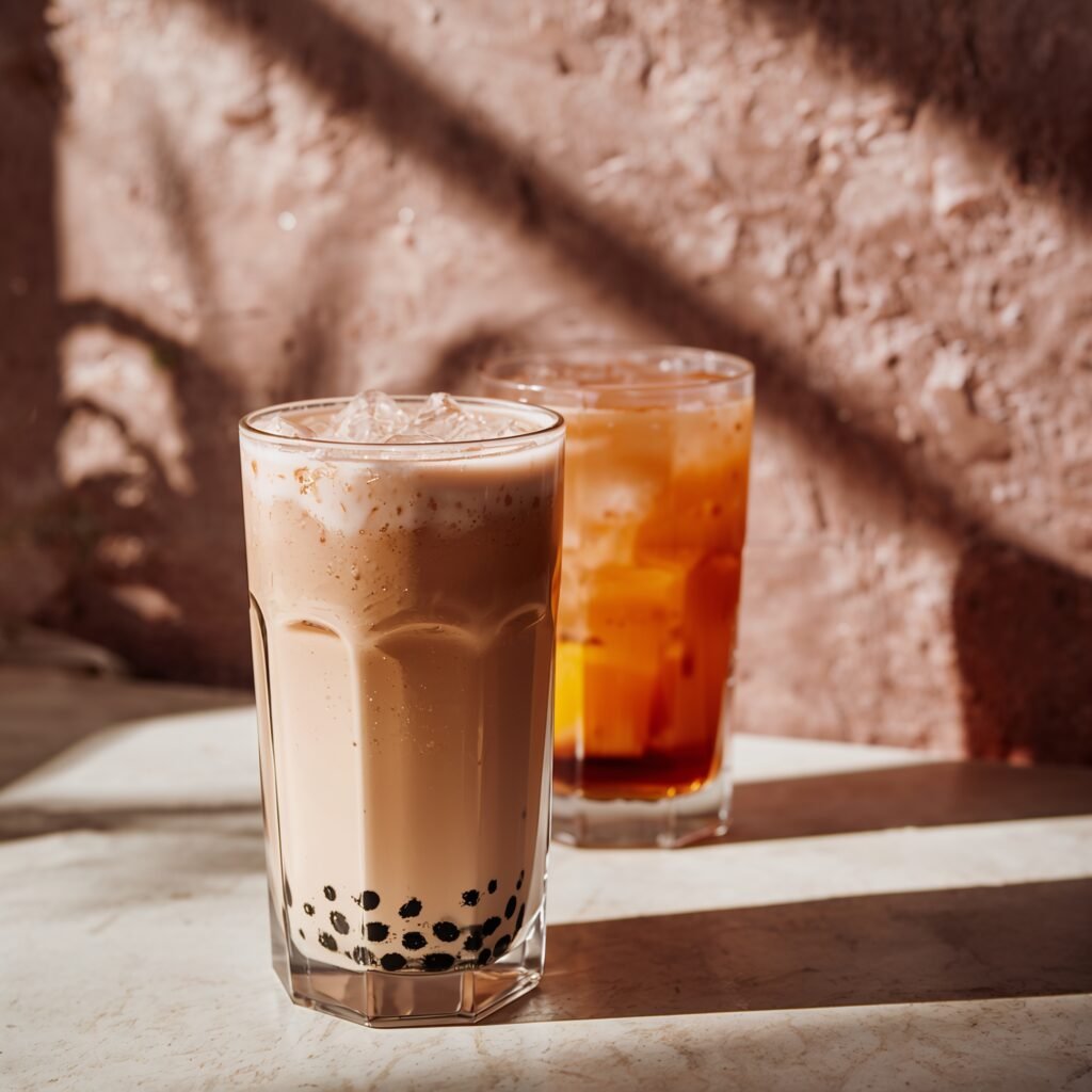 Milk tea and fruit tea bubble tea drinks with a warm textured background
