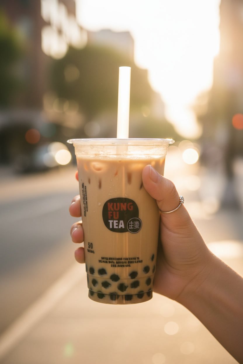 Woman's hand holding a cold Kung Fu Tea milk tea with black tapioca pearls against a sunny, blurred city street background.
