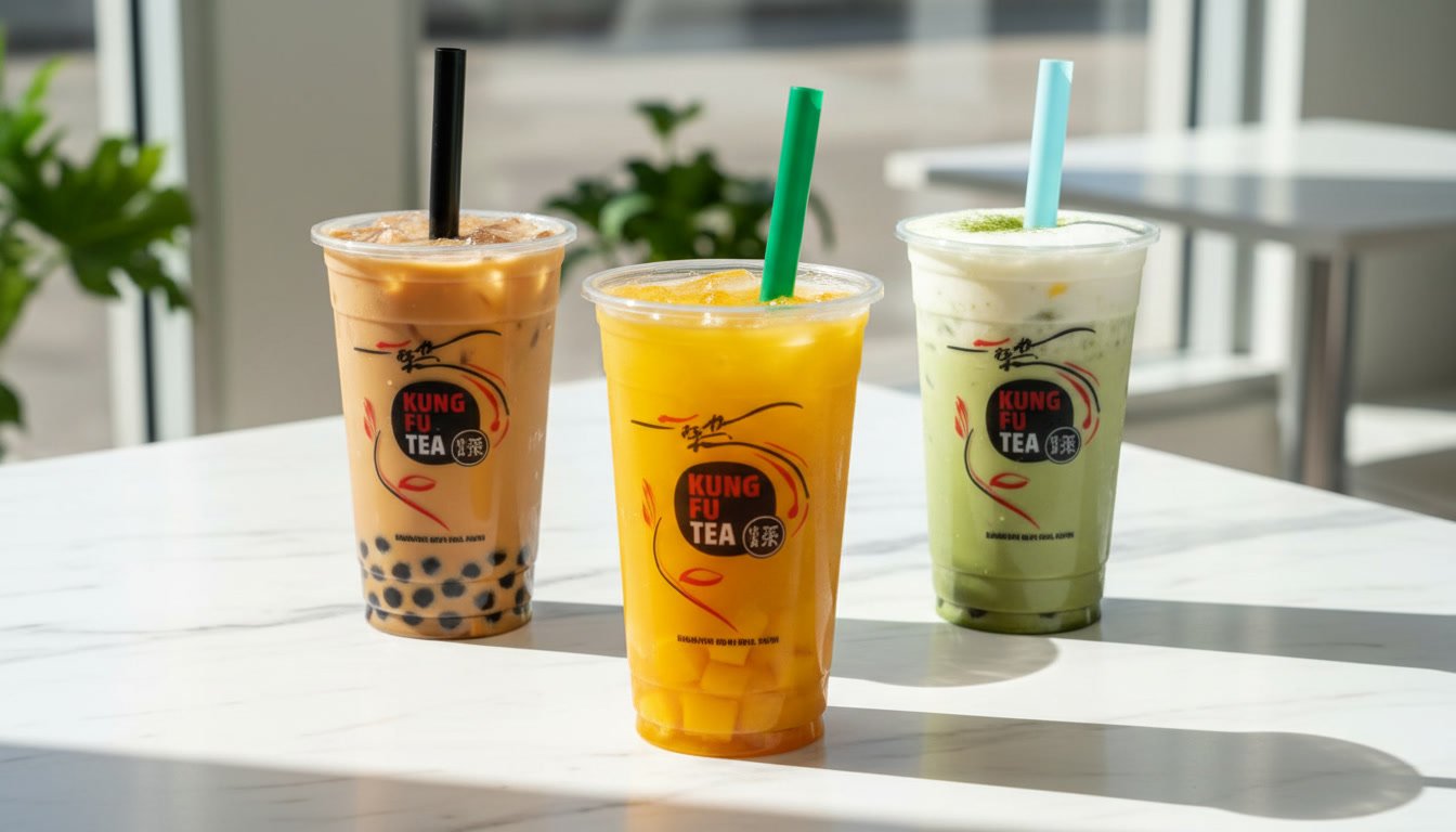 Trio of Kung Fu Tea drinks on a white table: Classic Milk Tea with black boba pearls, Mango Green Tea with fruit jelly, and Matcha Latte with milk cap foam.