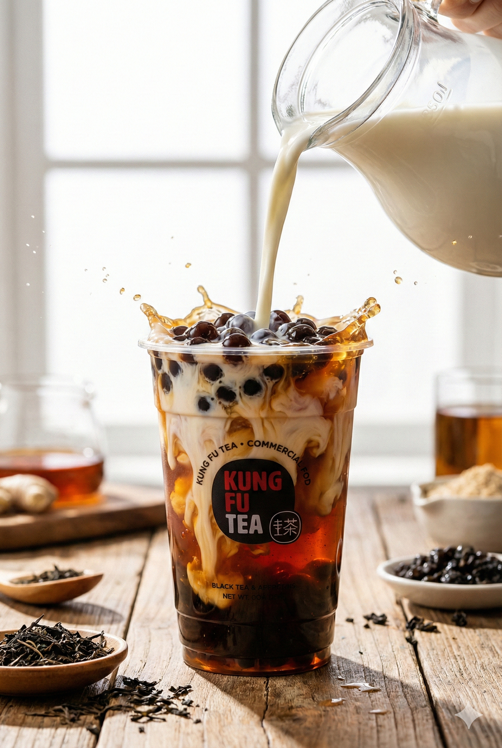 Action shot of fresh milk being poured into a Kung Fu Tea cup with black boba pearls, creating creamy swirls.