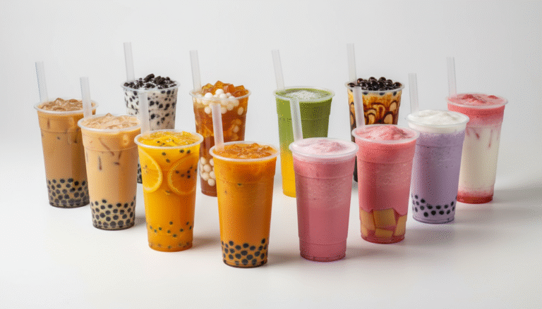 “Editorial studio lineup of ten unbranded tall bubble tea drinks—varied flavors, pearls, and blends on a bright seamless background.”