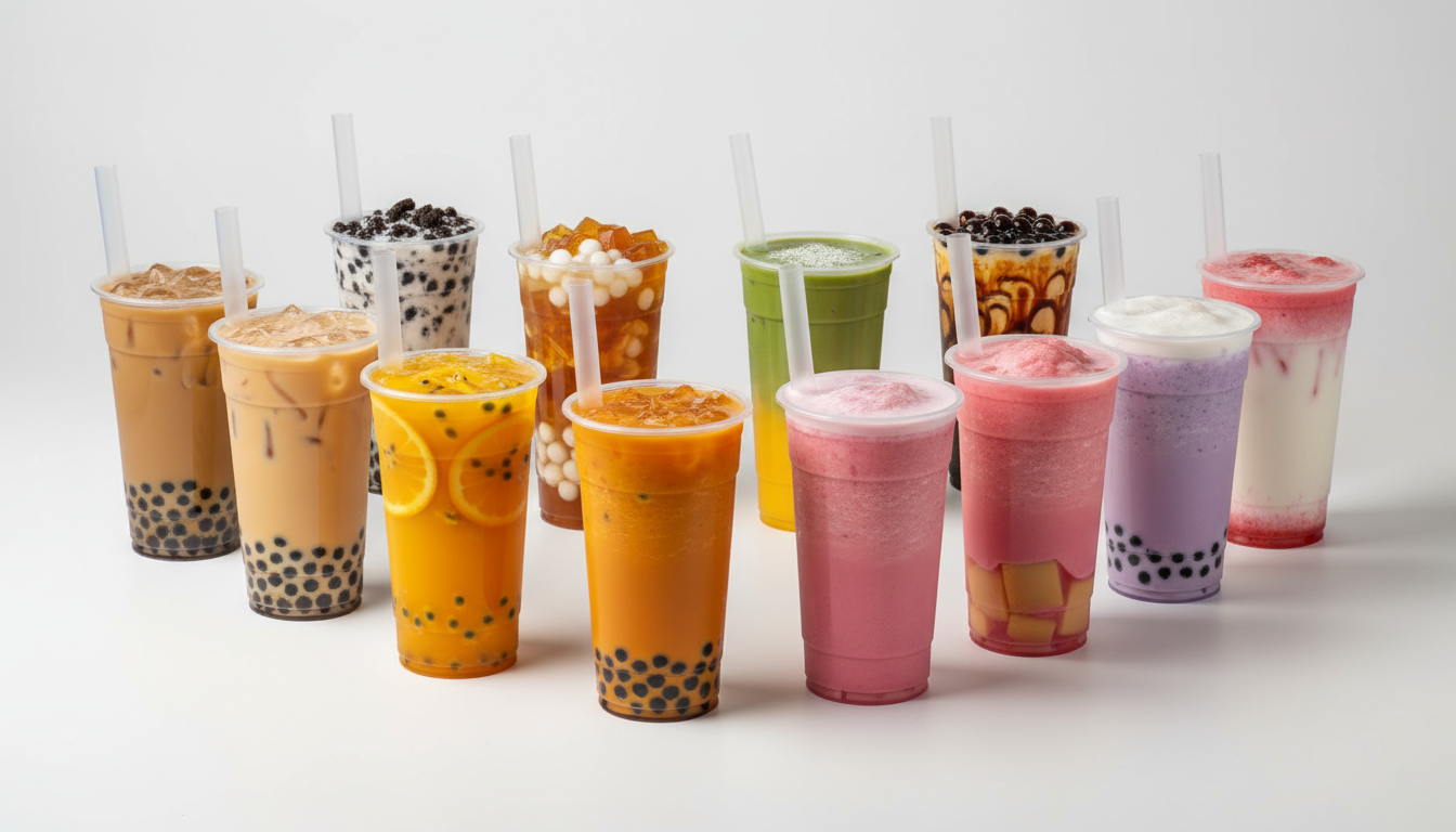 “Editorial studio lineup of ten unbranded tall bubble tea drinks—varied flavors, pearls, and blends on a bright seamless background.”