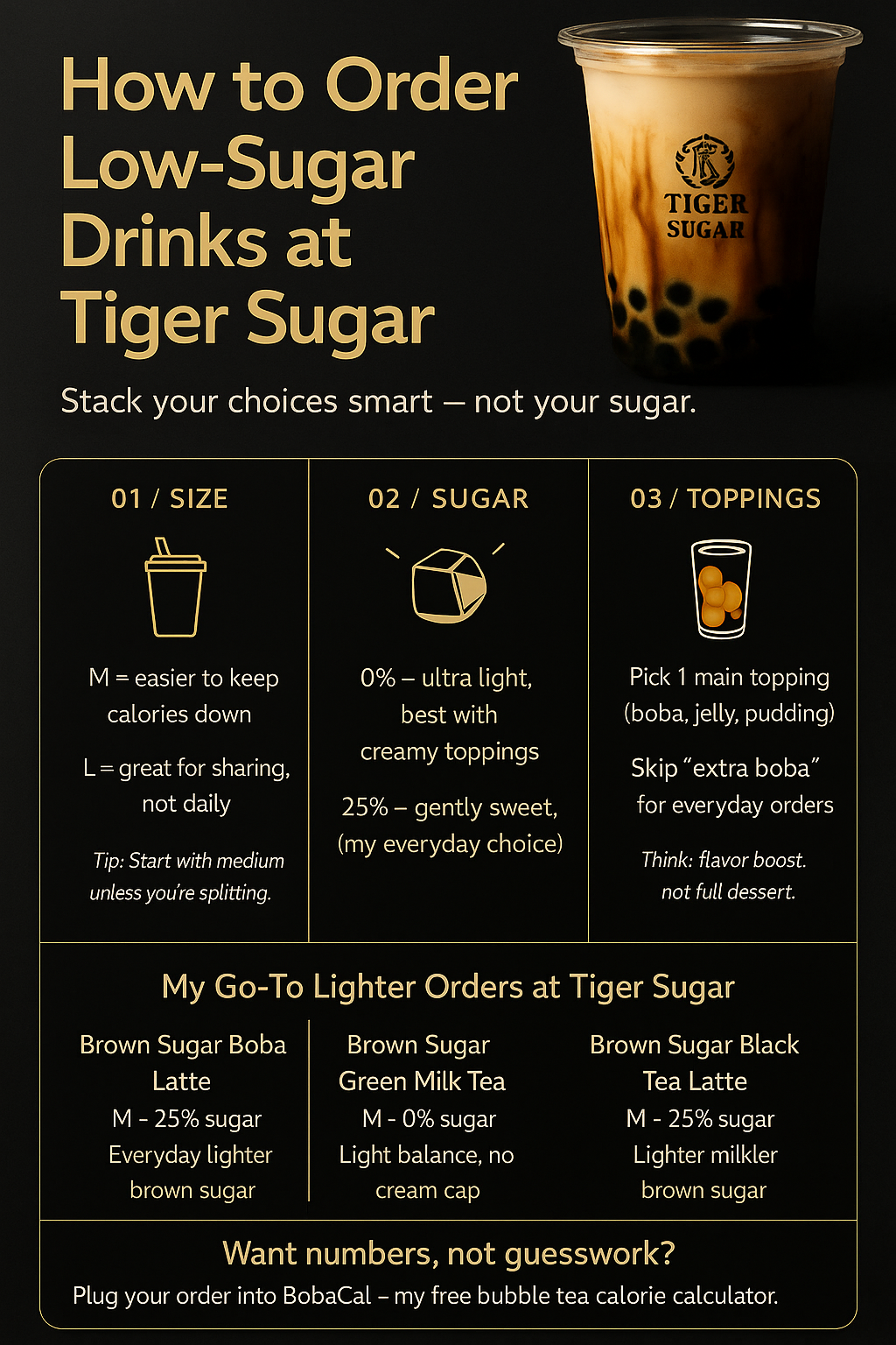 “Tiger Sugar low-sugar drink ordering guide infographic in black and gold, showing how to choose size, sugar levels (0%, 25%, 50%), toppings, and lighter drink recommendations with a link to use the BobaCal bubble tea calorie calculator.”