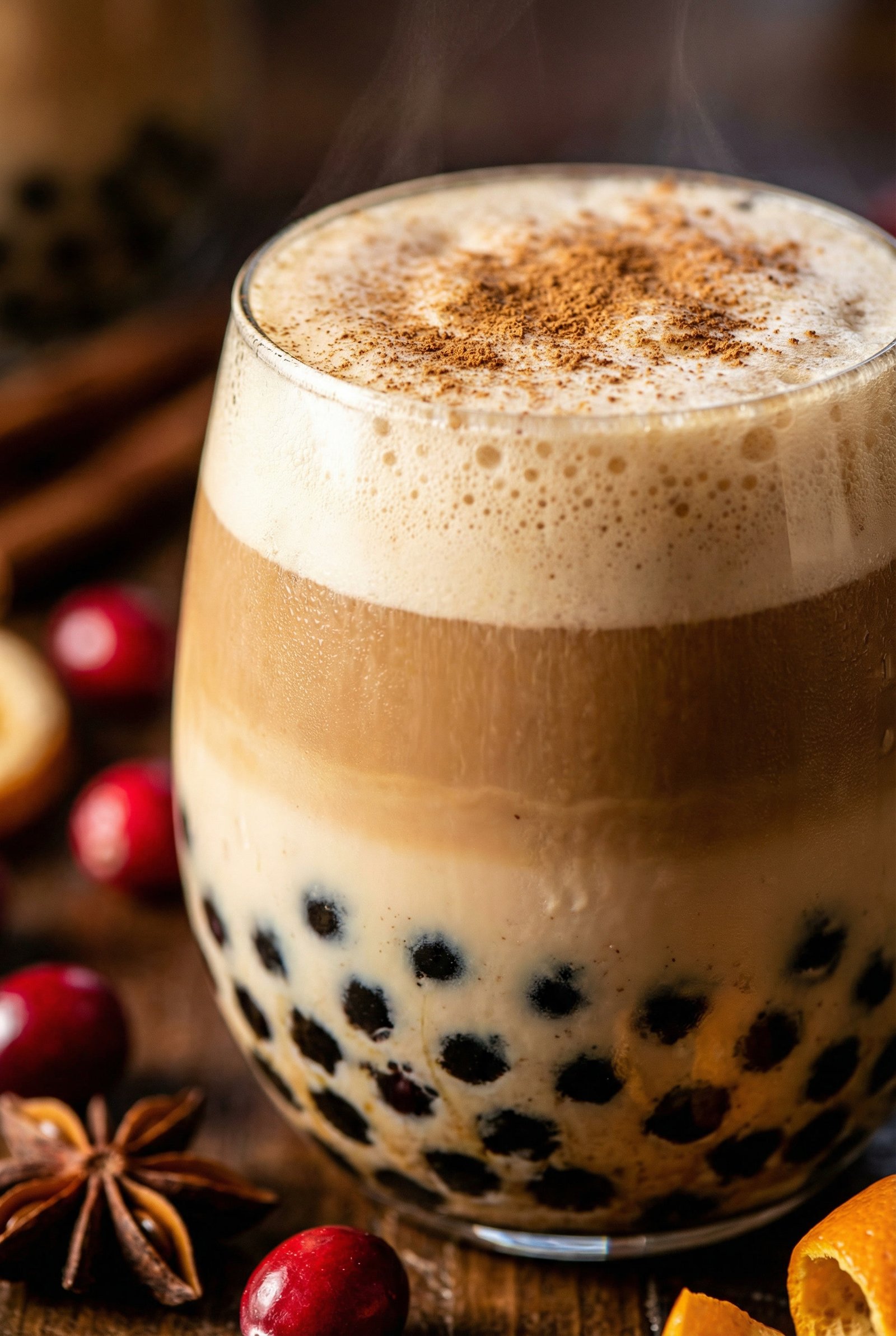 Tall glass of Apple Cider Chai Bubble Tea with caramel drizzle, boba pearls, and warm fall spices