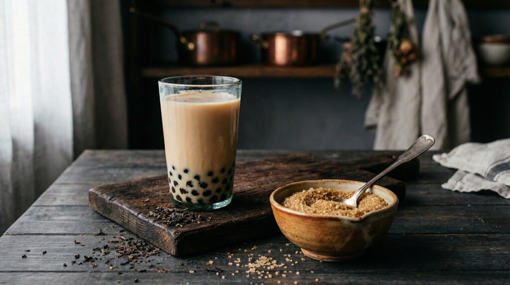 Moody rustic photograph of a classic milk tea with boba pearls next to a bowl of raw brown sugar crystals and tea leaves on a wooden table.