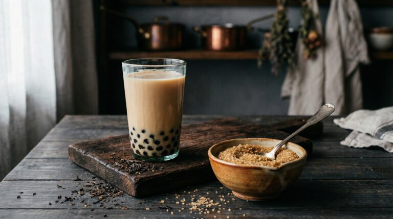 Moody rustic photograph of a classic milk tea with boba pearls next to a bowl of raw brown sugar crystals and tea leaves on a wooden table.