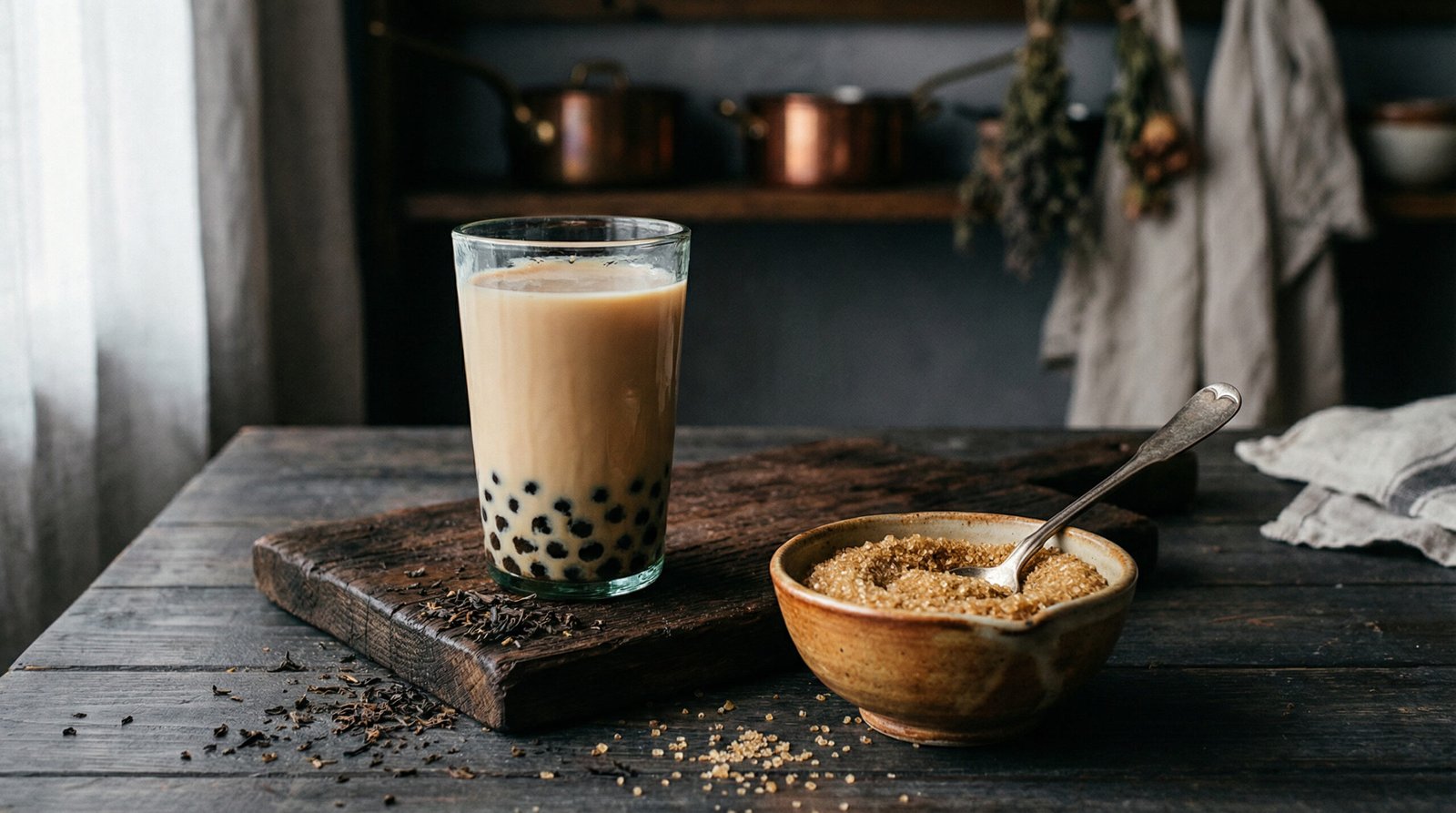 Moody rustic photograph of a classic milk tea with boba pearls next to a bowl of raw brown sugar crystals and tea leaves on a wooden table.