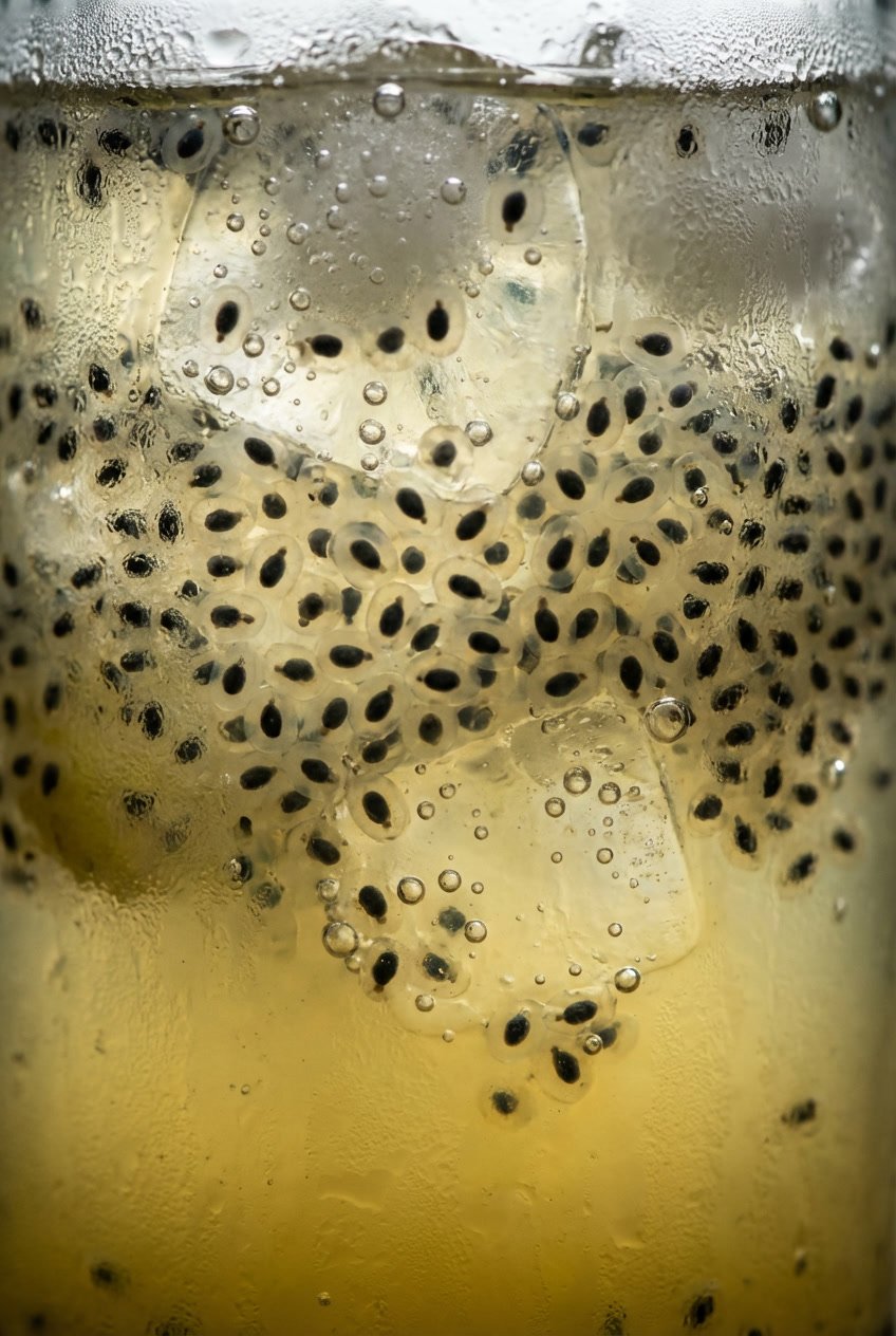 Macro detail of basil seeds floating in lemon tea showing gelatinous texture.
