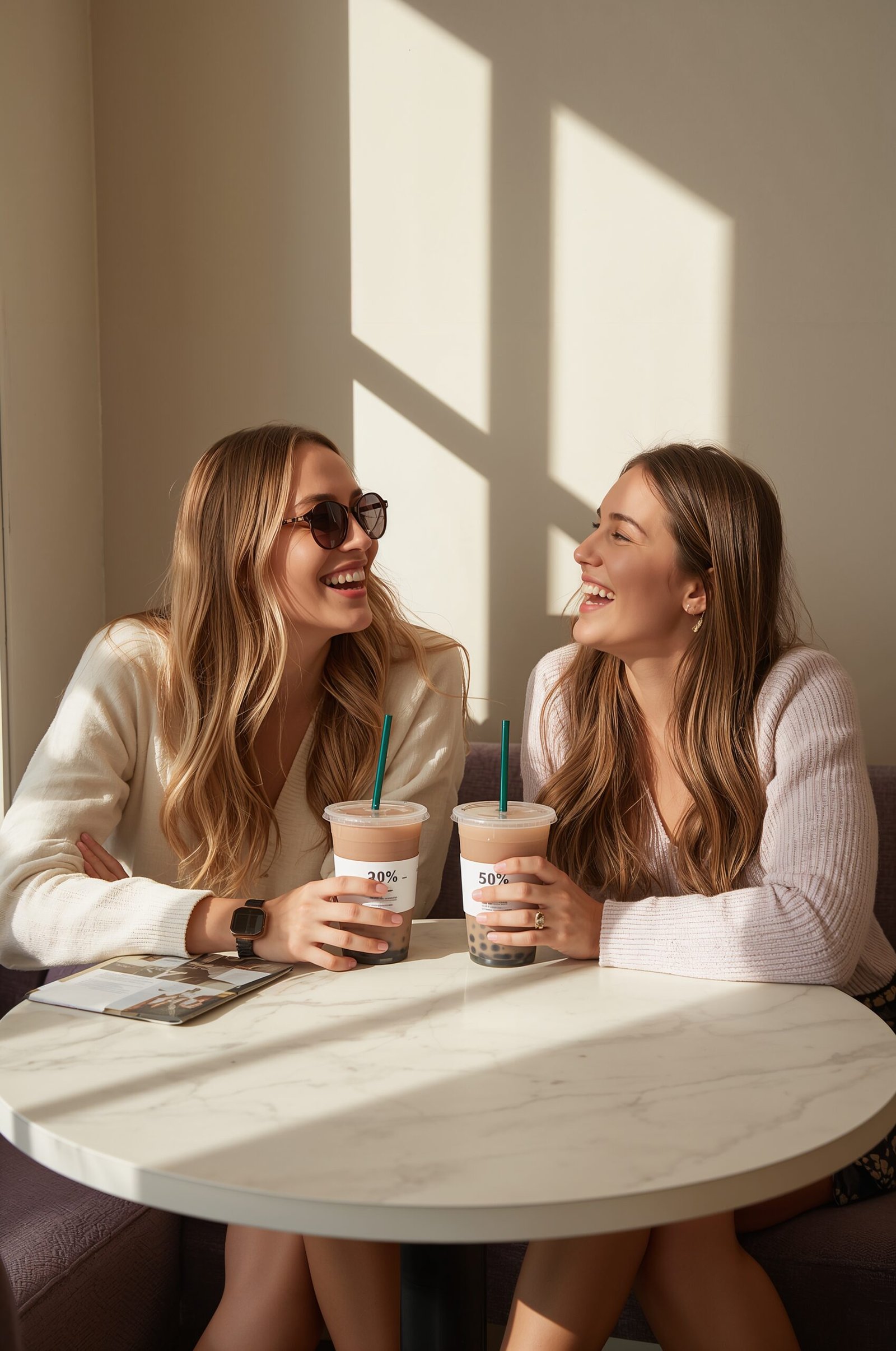 Two friends with half-sweet bubble tea at a sunny café table.