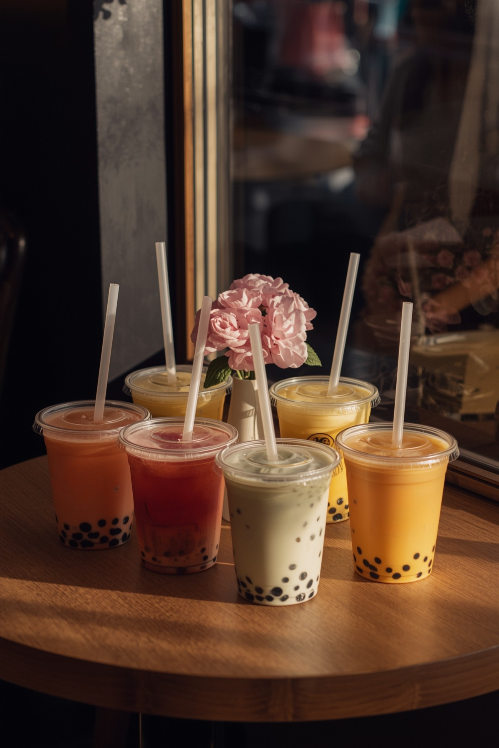 “Colorful bubble tea drinks on a café tabletop by a window, condensation on cups, lifestyle photo, no logos.”