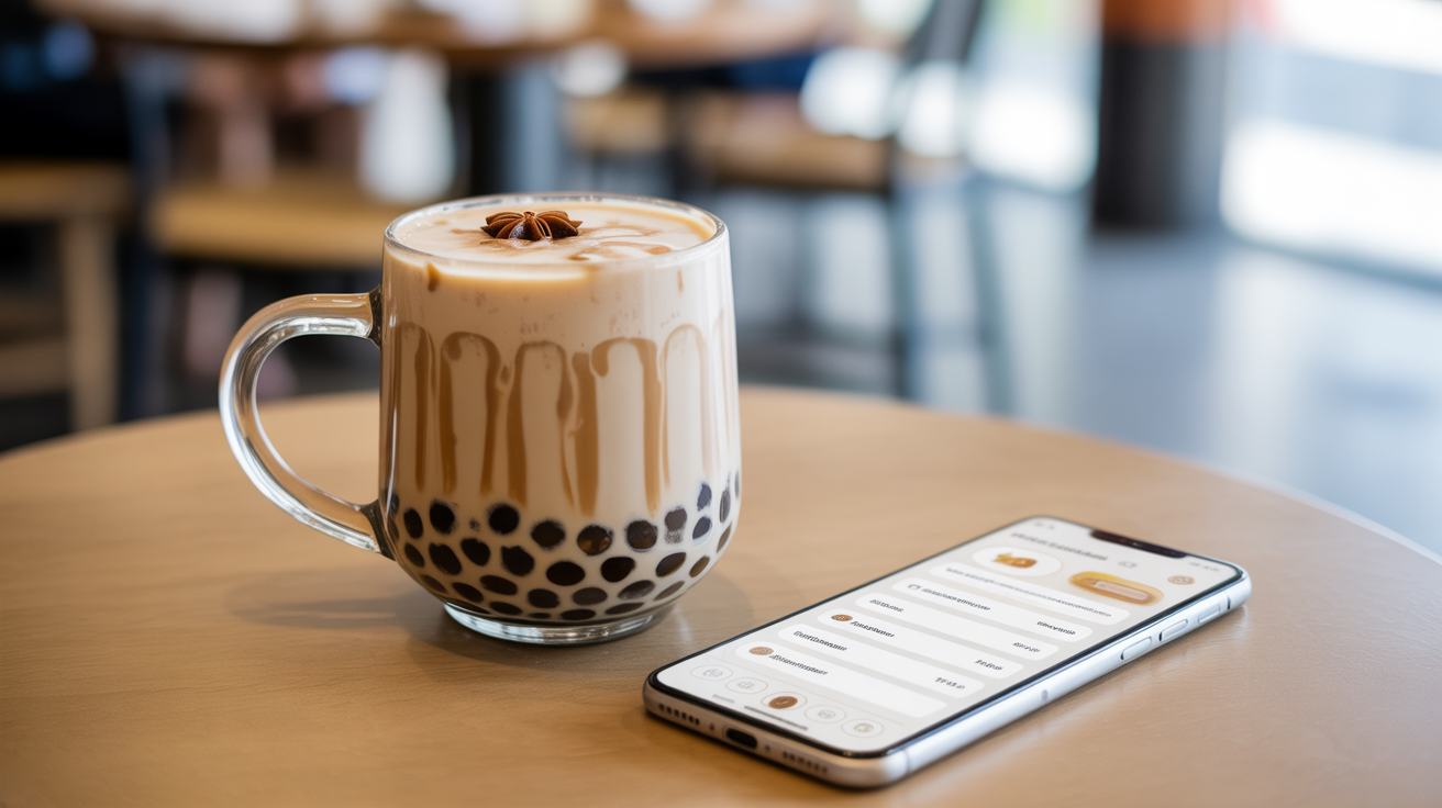 Bubble tea nutrition calculator on a smartphone next to a glass mug of boba milk tea on a light wood table — BobaCal website hero.
