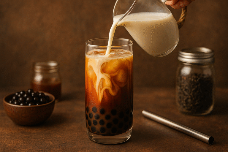 Milk pouring into bubble tea over tapioca pearls – homemade bubble tea starter kit