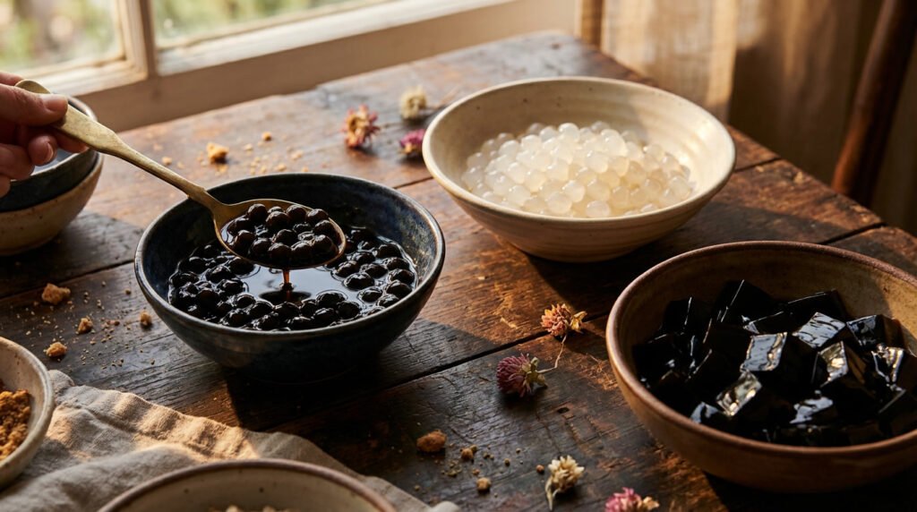 Spoon scooping shiny black tapioca pearls from a rustic bowl on a dark wooden table.