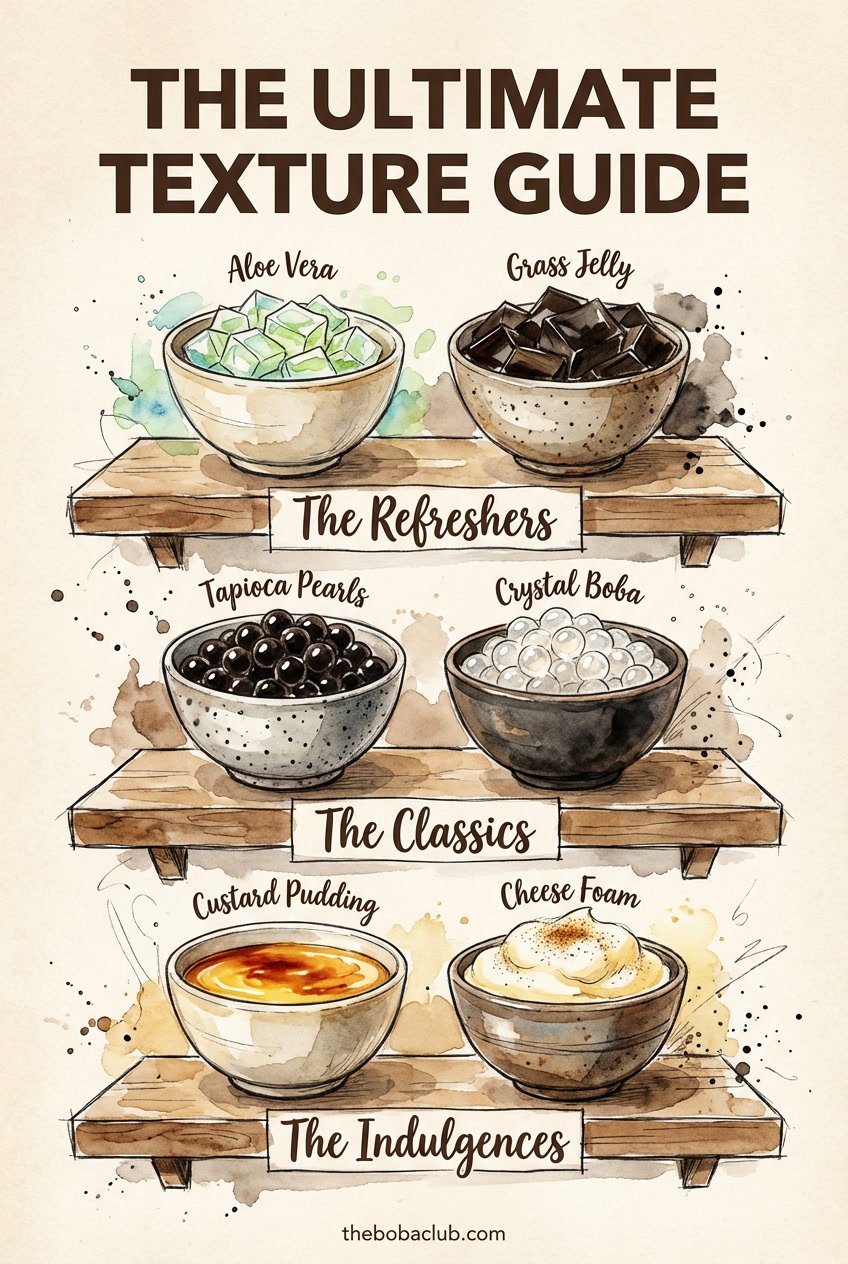 Modern hand drawn illustration of bubble tea toppings in rustic bowls arranged by texture types with The Boba Club branding.
