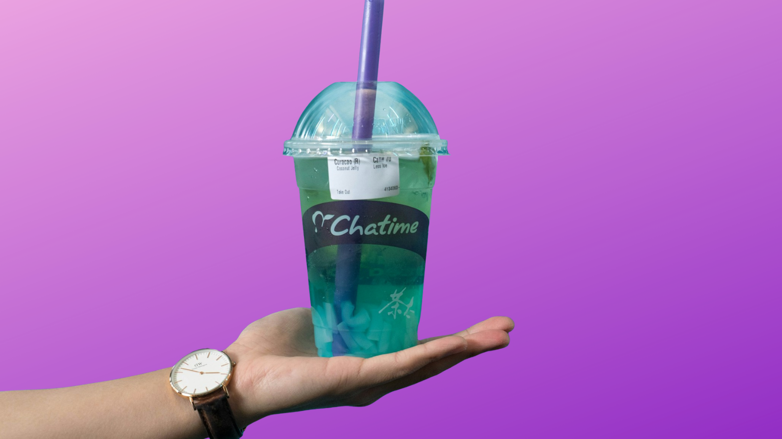 Chatime calories: Chatime cup with teal drink and purple straw held in a hand on a purple gradient background.