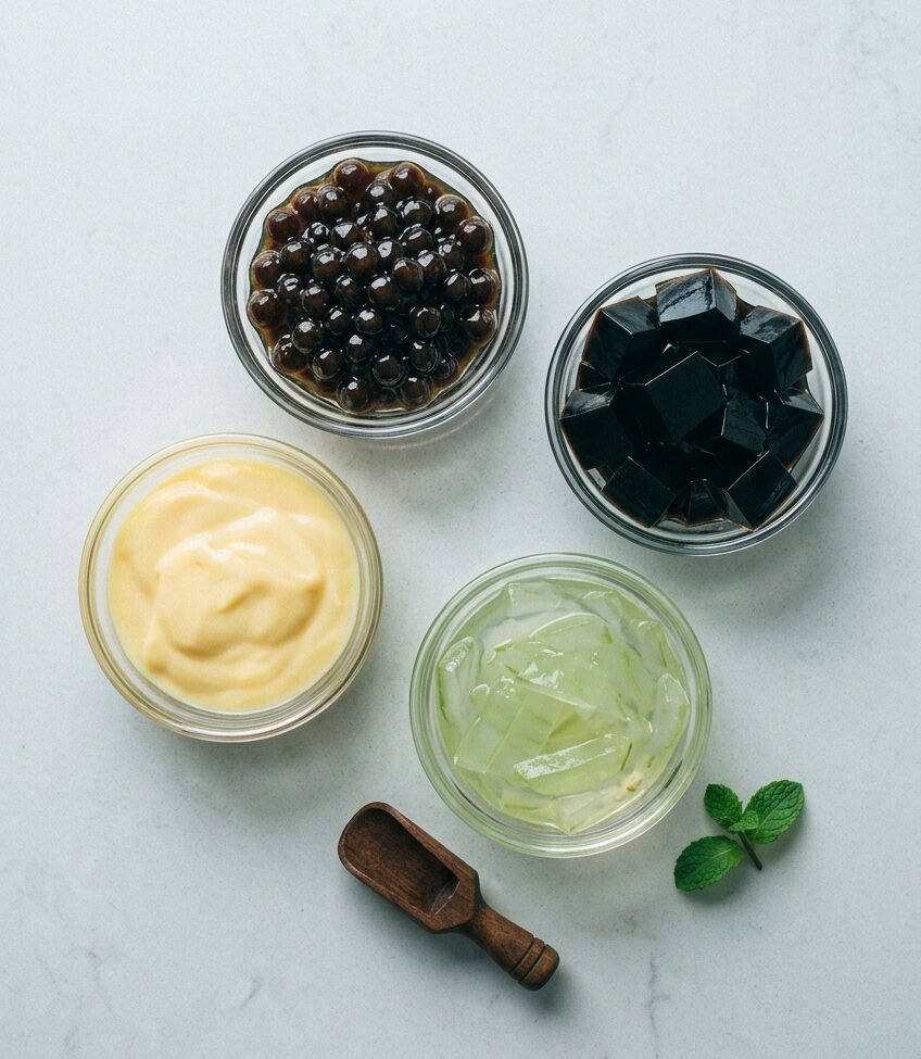 Chatime toppings in small glass bowls including tapioca pearls, grass jelly, egg pudding, and aloe vera on a light surface.