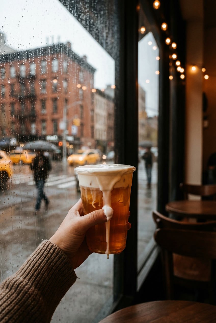 Hand holding a bubble tea with cheese foam dripping down the side in a cozy cafe setting.