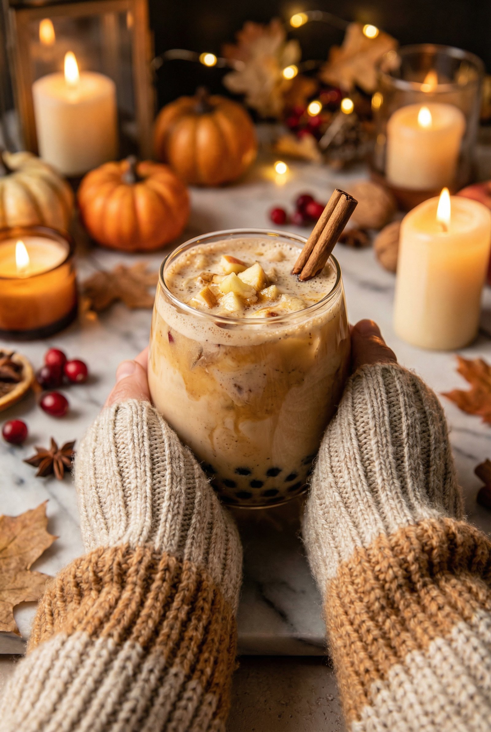 Hands in cozy knit sleeves holding a warm Apple Cider Chai Bubble Tea topped with apples and cinnamon.”