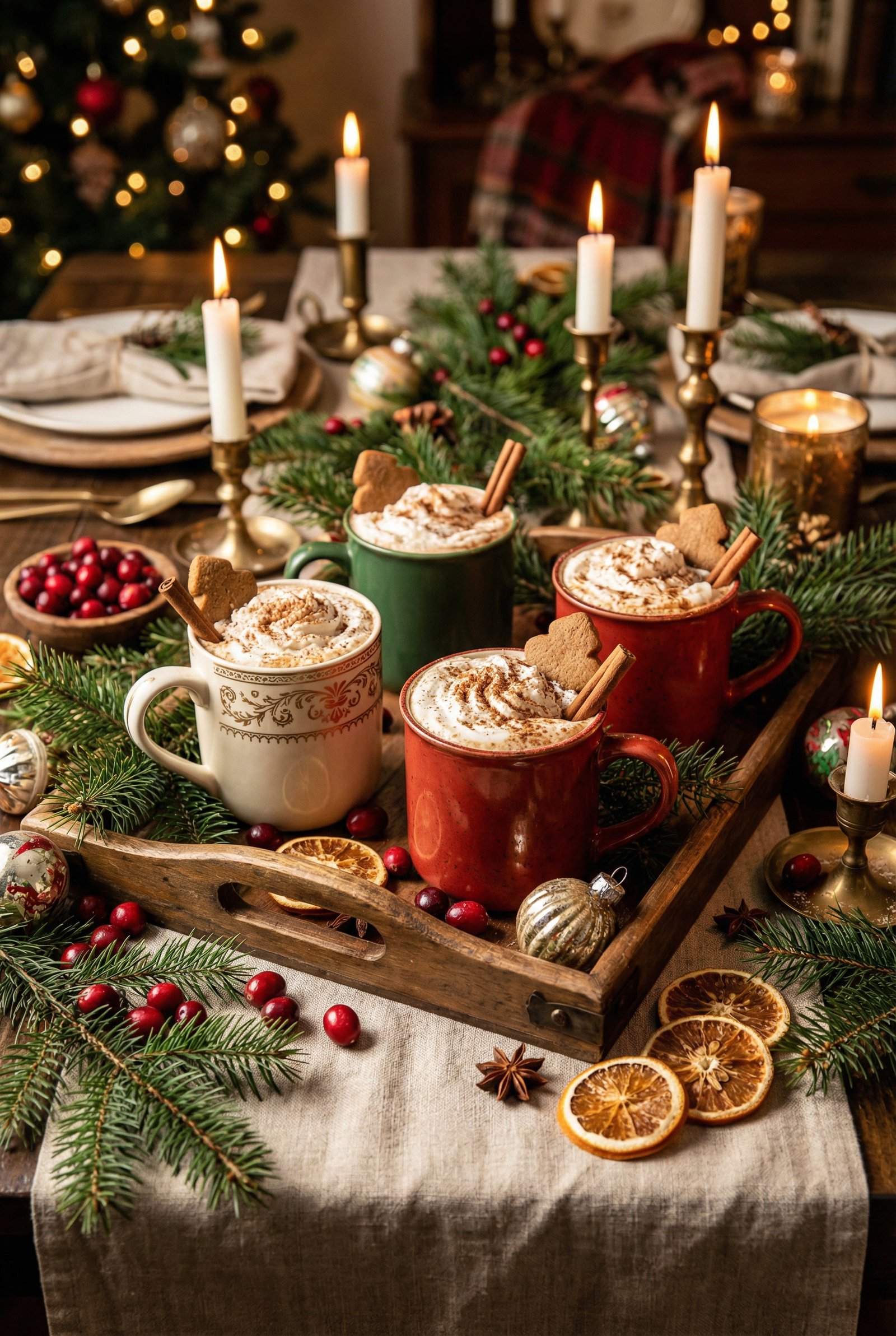 A festive wooden serving tray filled with four ceramic holiday mugs of hot gingerbread brown sugar milk tea, topped with whipped cream, cinnamon sticks, and small gingerbread cookies. The tray rests on a beautifully decorated rustic holiday table with pine branches, cranberries, and lit candles.