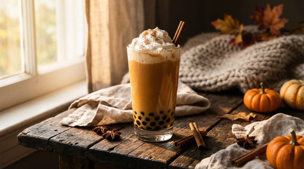A moody, rustic photograph of a pumpkin spice latte topped with whipped cream and cinnamon sticks, sitting on a wooden table with star anise, a linen napkin, and a cozy knit blanket in the background.