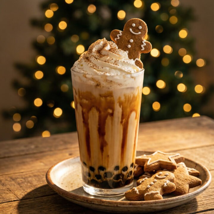 A cozy, rustic photograph of a gingerbread brown sugar milk tea with tiger stripes, topped with whipped cream, spices, and a gingerbread man cookie, sitting next to a plate of cookies in front of a Christmas tree.