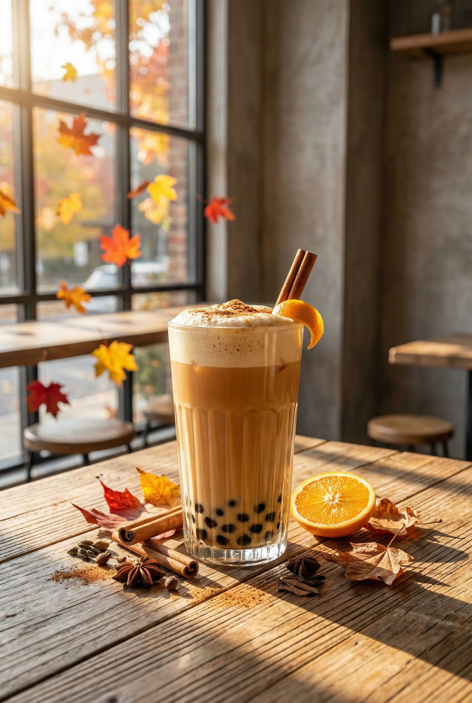Apple Cider Chai Bubble Tea with a cinnamon stick and apple slice against a rustic fall background.”
