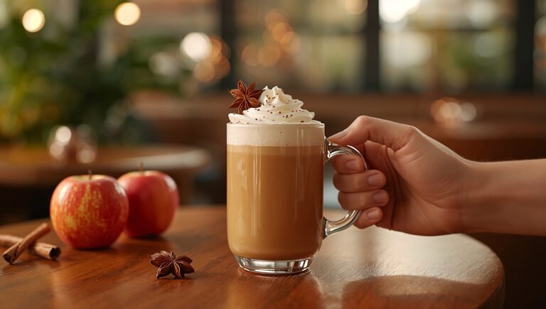 Hand holding an Apple Cider Chai boba latte with whipped cream and star anise; smartphone calculator on a café table.