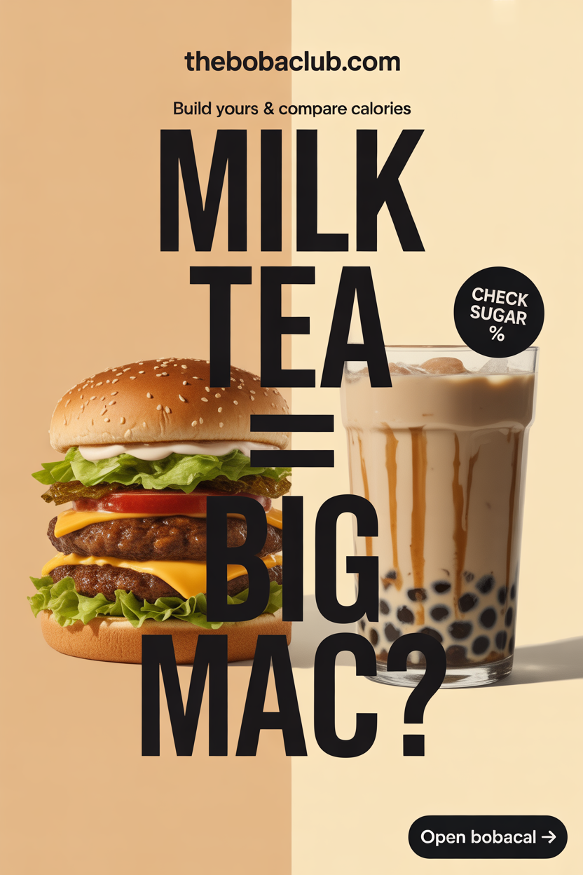 Split poster with generic stacked burger on left and glossy bubble milk tea on right; bold headline ‘Milk Tea = Big-Mac Calories?’ round badge ‘Check sugar %’; CTA pill ‘Open BobaCal’; thebobaclub.com at top.