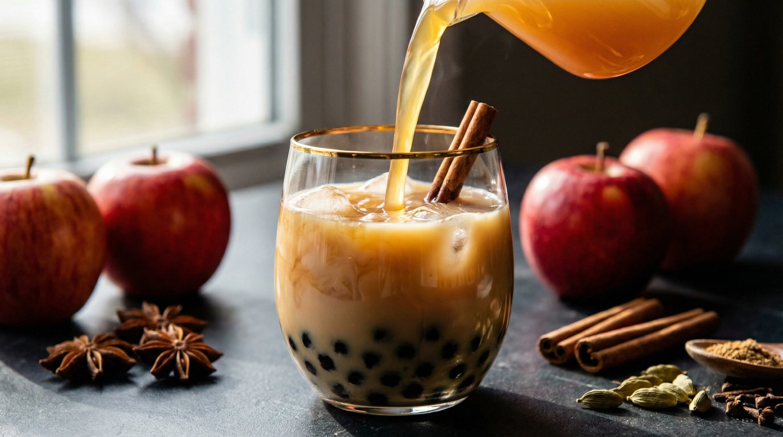 Apple cider being poured into iced chai milk tea with boba pearls and cinnamon sticks
