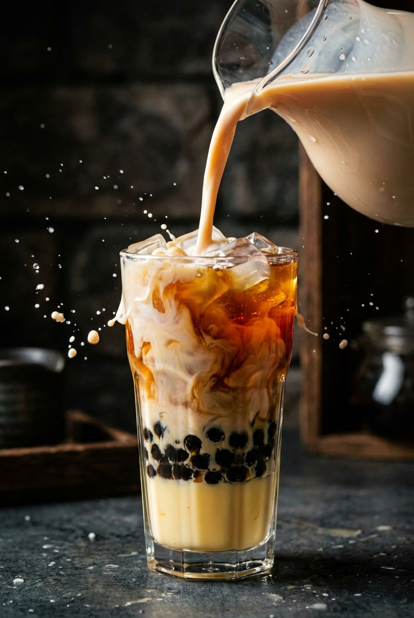 Milk tea being poured over layers of pudding and boba toppings creating swirls.