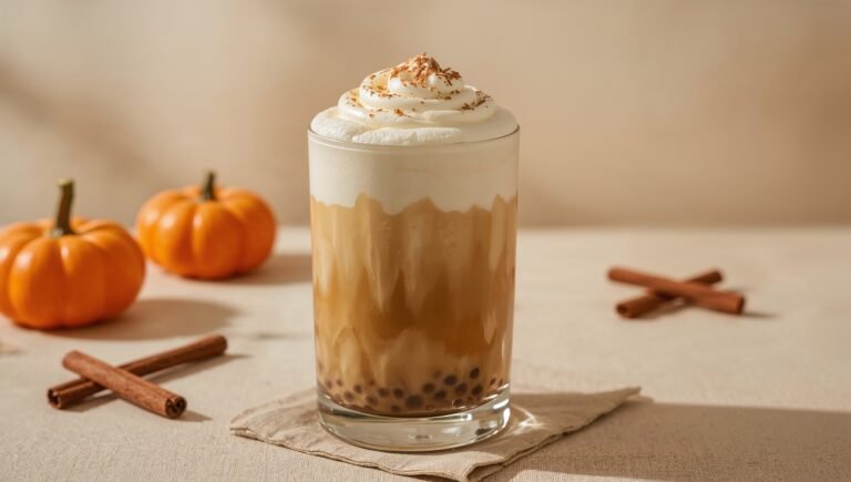 “Pumpkin Chai Boba Latte with whipped cream and visible brown sugar boba pearls, surrounded by pumpkins and cinnamon sticks on a beige fall backdrop.” This line naturally fits your focus keywords (Pumpkin Chai Boba Latte, fall bubble tea recipe, brown sugar boba).