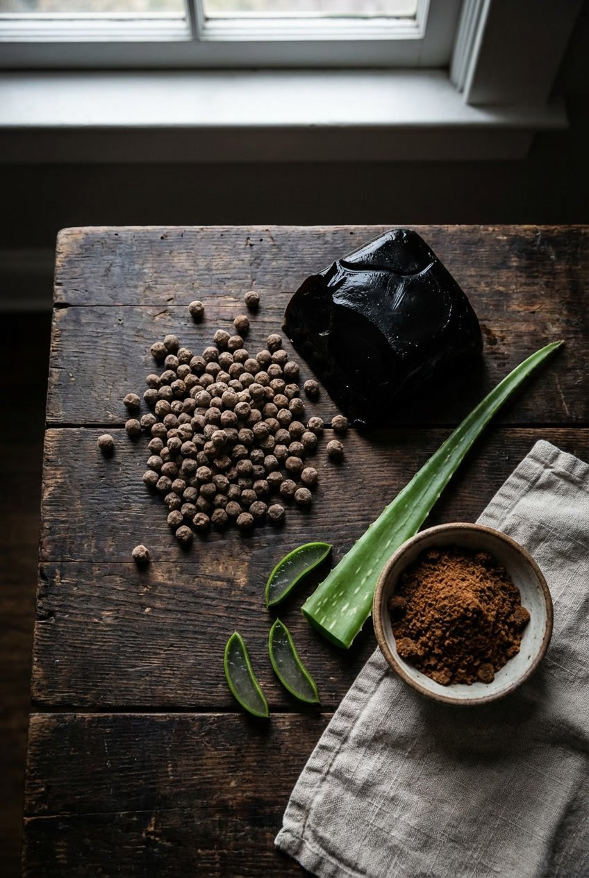 Raw bubble tea ingredients including dry tapioca, grass jelly block, and fresh aloe vera on wood.