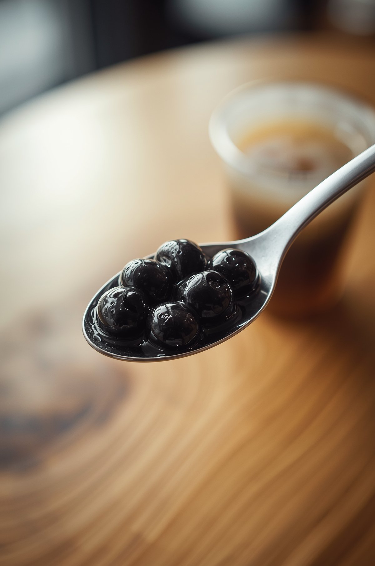 : “Macro lifestyle photo of tapioca pearls on a spoon with soft blurred café background.”