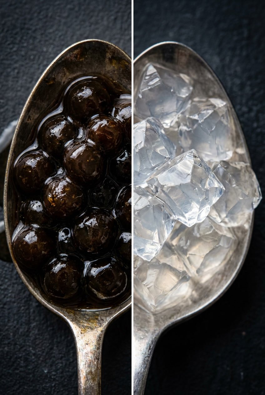 Hand holding a bubble tea with cheese foam dripping down the side in a cozy cafe setting.