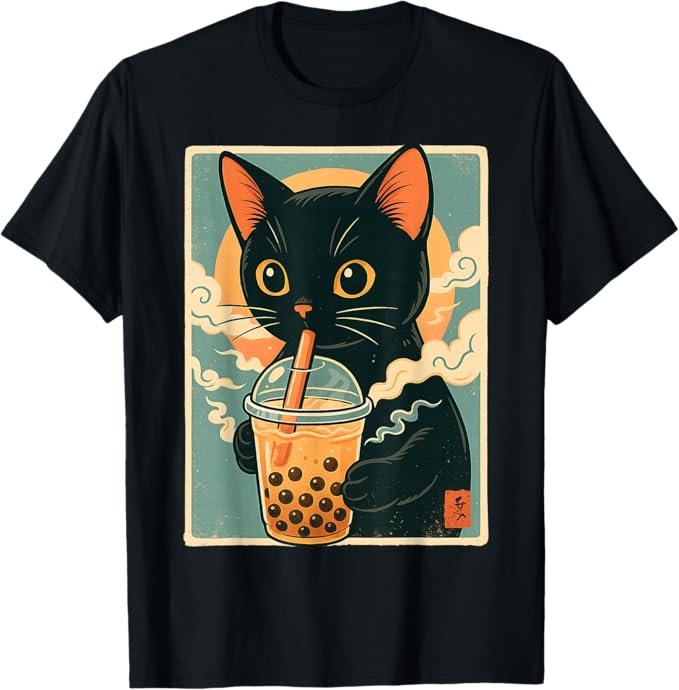 Black T-shirt with a kawaii black cat sipping a cup of bubble tea on a retro-style graphic illustration.